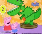 Peppa Pig ve onun küçük kardeşi George büyük bir dinozor gözlemleyerek